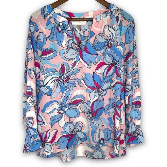 Pappagallo Women's Multicolor Island Blue Floral Raglan Long Sleeve Blouse Small - Picture 1 of 14